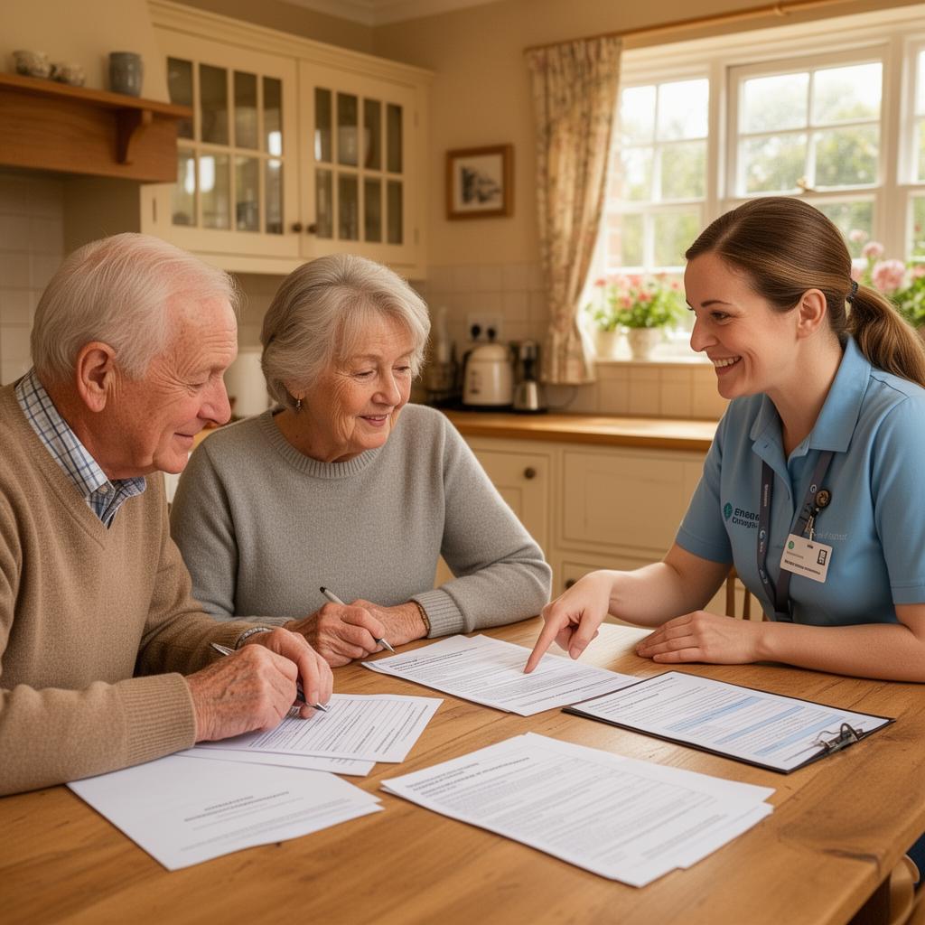 Energy advisor helping elderly couple fill out grant application at their home