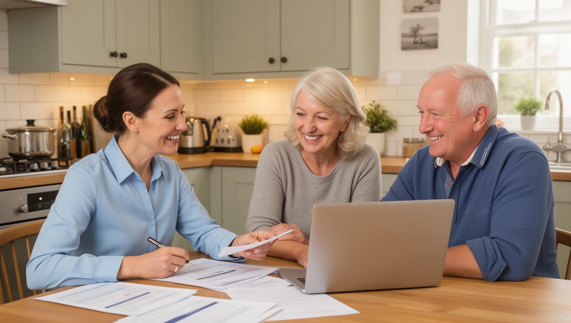 Couple reviewing government grant paperwork for home energy improvements