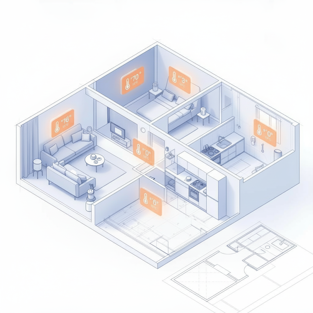 Isometric home floor plan showing room-by-room temperature control